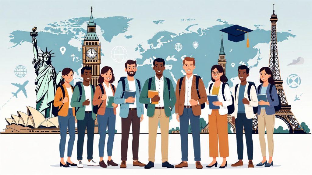 Diverse students, global landmarks